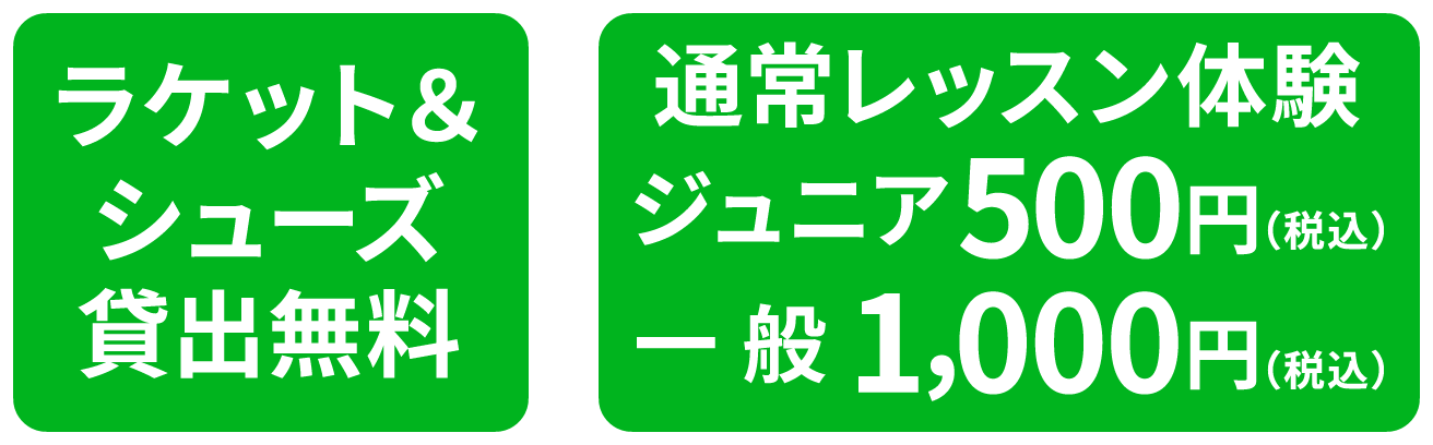 ラケット＆シューズ貸出無料、通常レッスン体験(ジュニア：500円、一般：1000円)