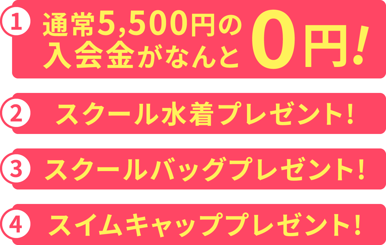 ①通常5,500円の入会金がなんと0円、②スクール水着プレゼント!、③スクールバッグプレゼント!、④スイムキャッププレゼント!